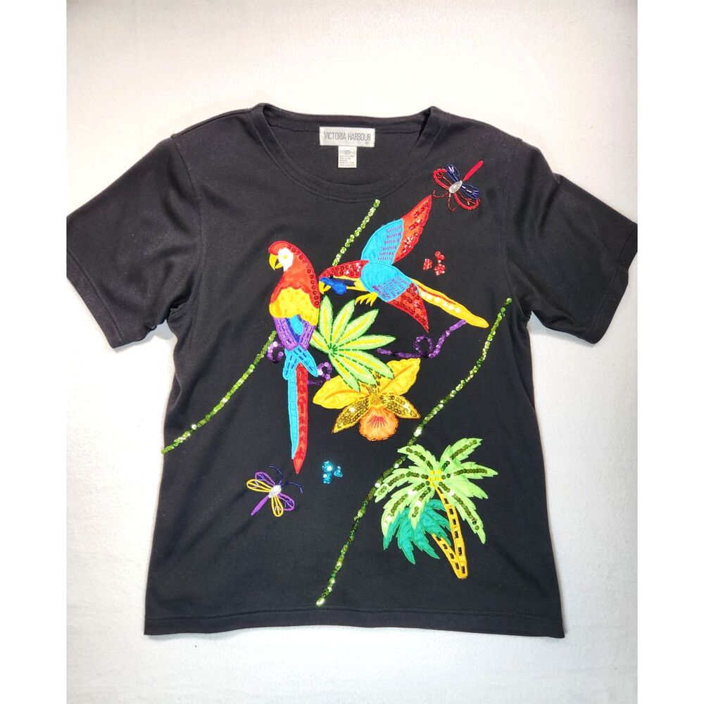 Vintage Victoria Harbour Tropical Parrot Sequin Embellished Tee Black Large Y2K